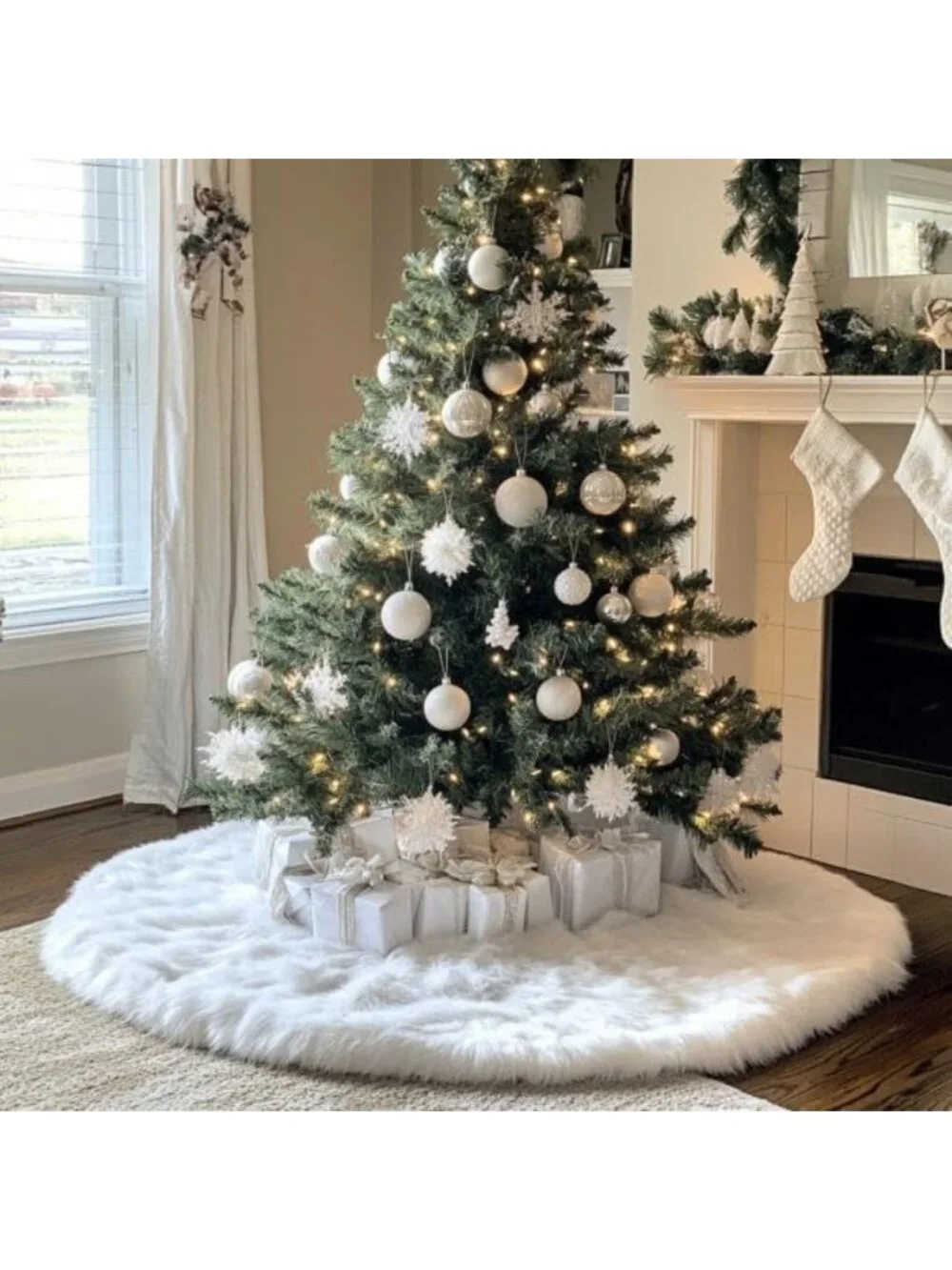 New 48 Inch Faux Fur Christmas Tree Skirt White Plush Holiday Decorations